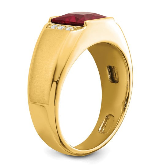 Anillo para Hombre de Oro Amarillo 14k con Rubí Cuadrado Creado en Laboratorio y Diamantes