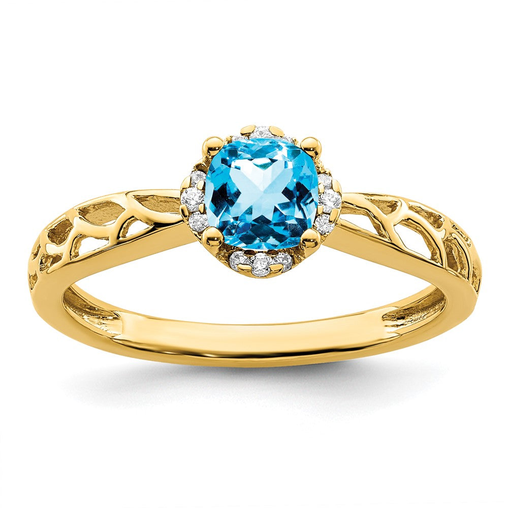 Anillo Pulido de Topacio Azul y Diamantes en Oro de 14k