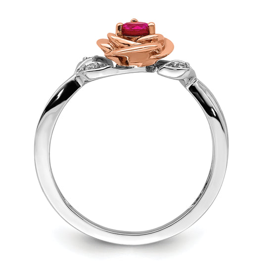 Anillo de Flor con Rubí y Diamantes en Oro de 14k Bicolor Blanco y Rosa