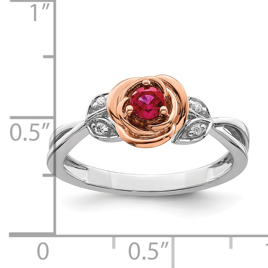 Anillo de Flor con Rubí y Diamantes en Oro de 14k Bicolor Blanco y Rosa