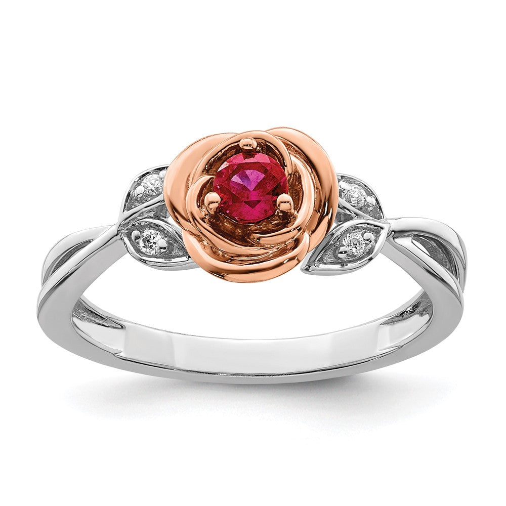 Anillo de Flor con Rubí y Diamantes en Oro de 14k Bicolor Blanco y Rosa