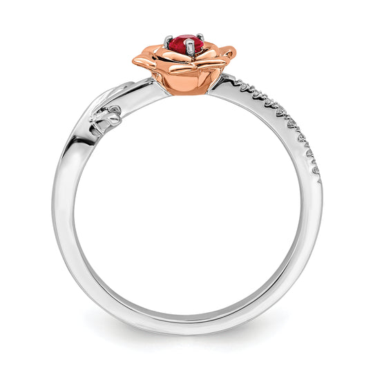 Anillo de Rubí y Diamante en Oro Blanco y Rosa de 14k en Forma de Flor