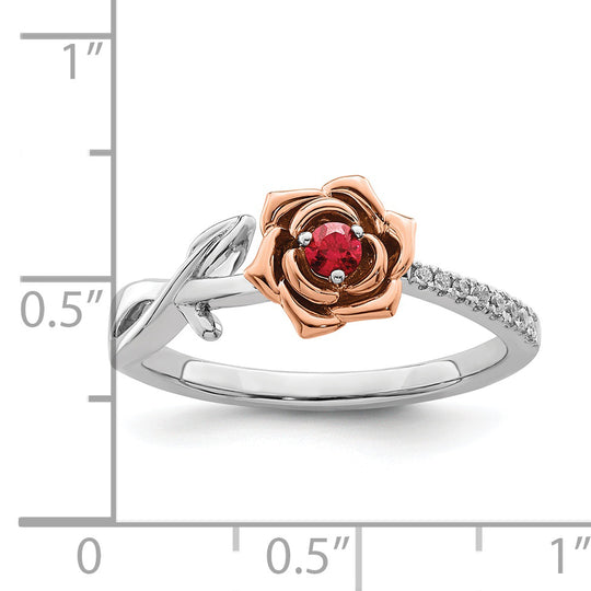 Anillo de Rubí y Diamante en Oro Blanco y Rosa de 14k en Forma de Flor