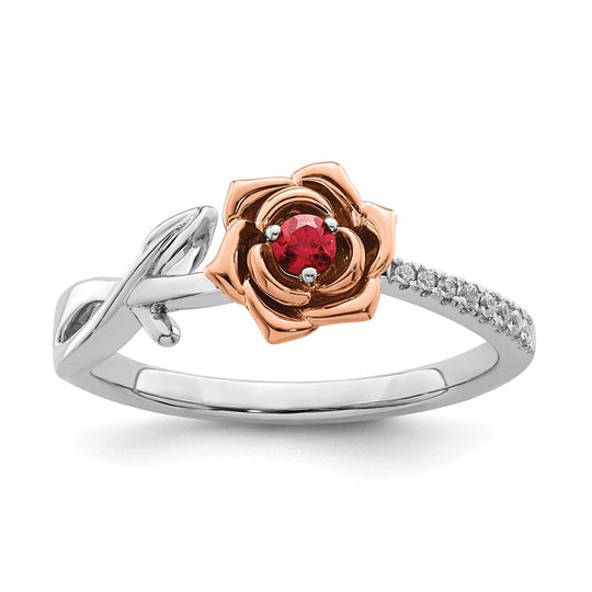 Anillo de Rubí y Diamante en Oro Blanco y Rosa de 14k en Forma de Flor