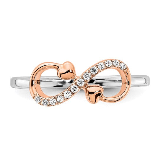 Anillo de Diamante en Forma de Corazones y El Infinito en Oro Blanco y Rosa de 14k