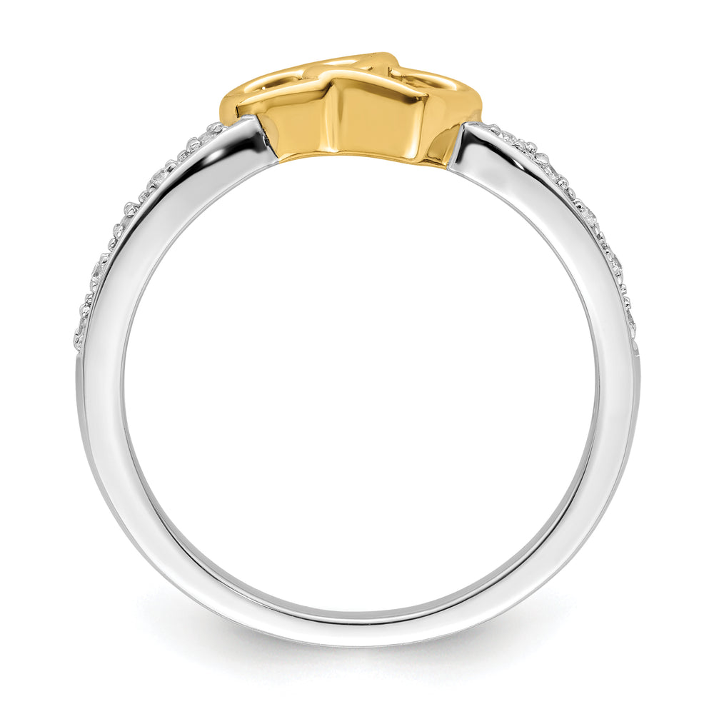 Anillo de Oro Bicolor de 14k Pulido con Diseño de Doble Corazón y Diamantes