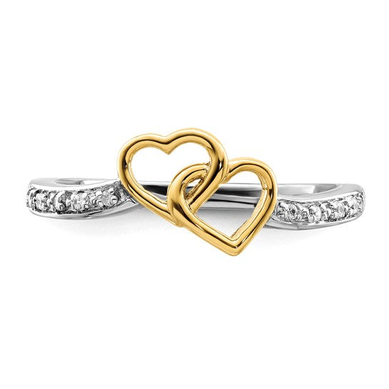 Anillo de Oro Bicolor de 14k Pulido con Diseño de Doble Corazón y Diamantes