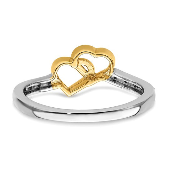 Anillo de Oro Bicolor de 14k Pulido con Diseño de Doble Corazón y Diamantes