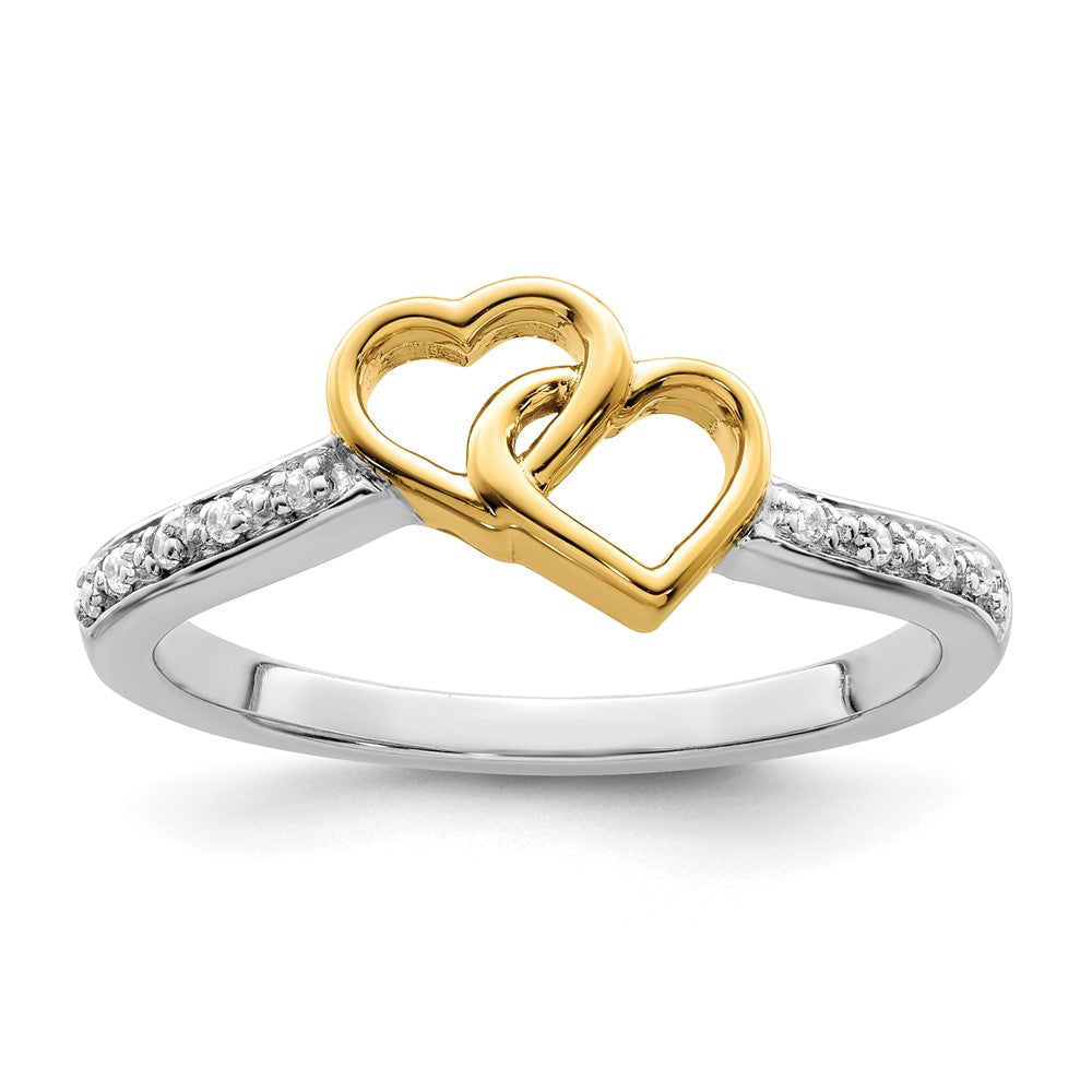 Anillo de Oro Bicolor de 14k Pulido con Diseño de Doble Corazón y Diamantes