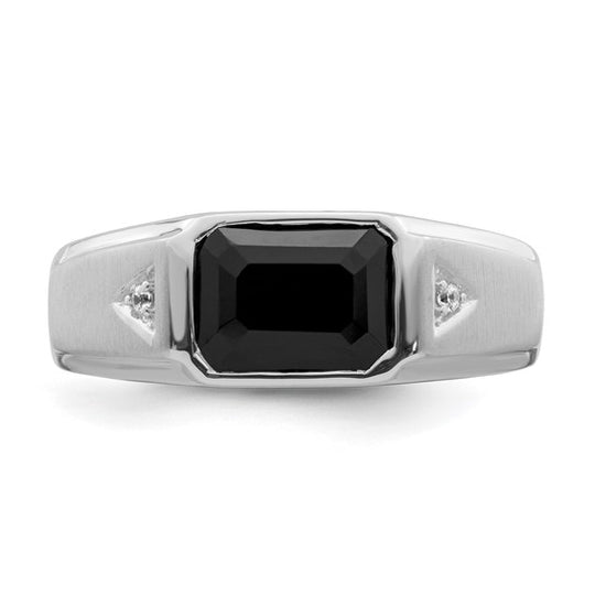 Anillo para Hombre de Oro Blanco 14k con Ónix, Diamantes y Acabado Pulido/Satinado