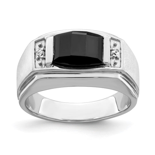 Anillo para Hombre de Oro Blanco 14k con Ónix, Diamantes y Acabado Pulido/Satinado