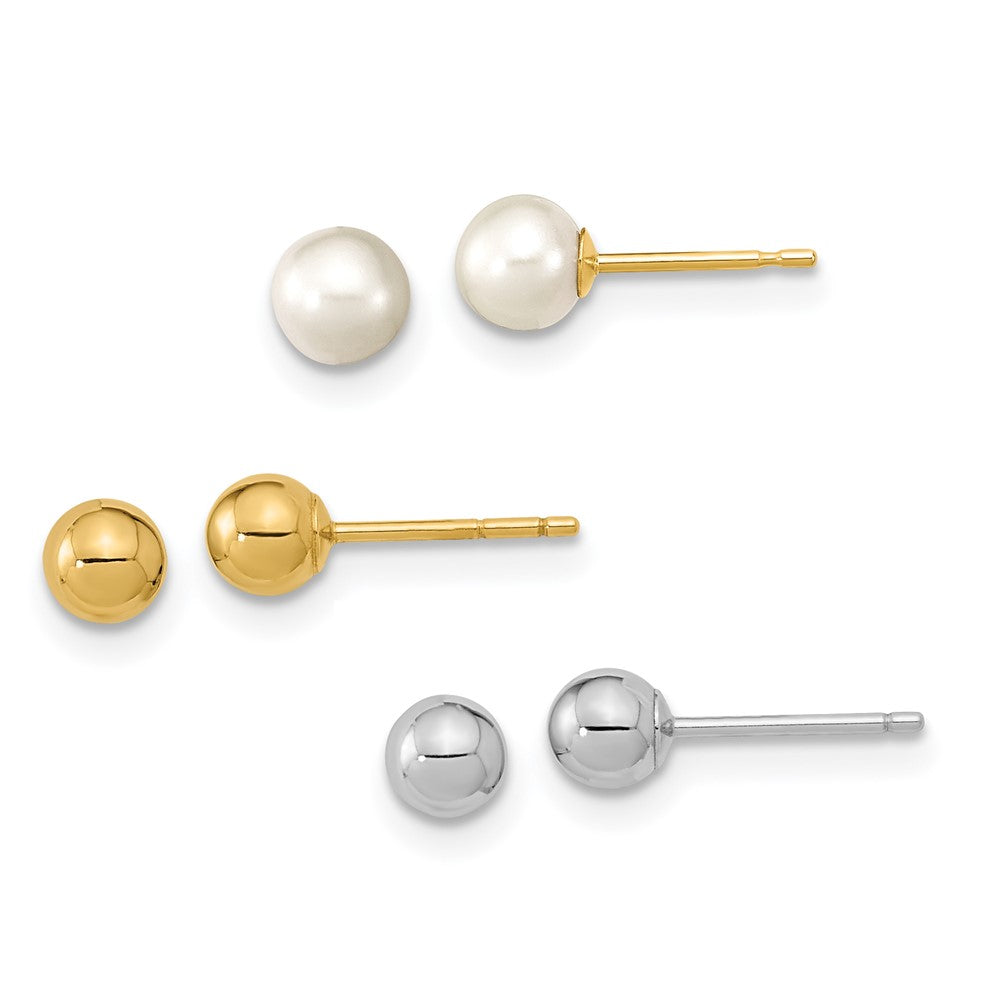 Juego de 3 Pendientes en Oro Bicolor de 14k con Perlas de Agua Dulce Redondas de 4-5mm (Madi K)