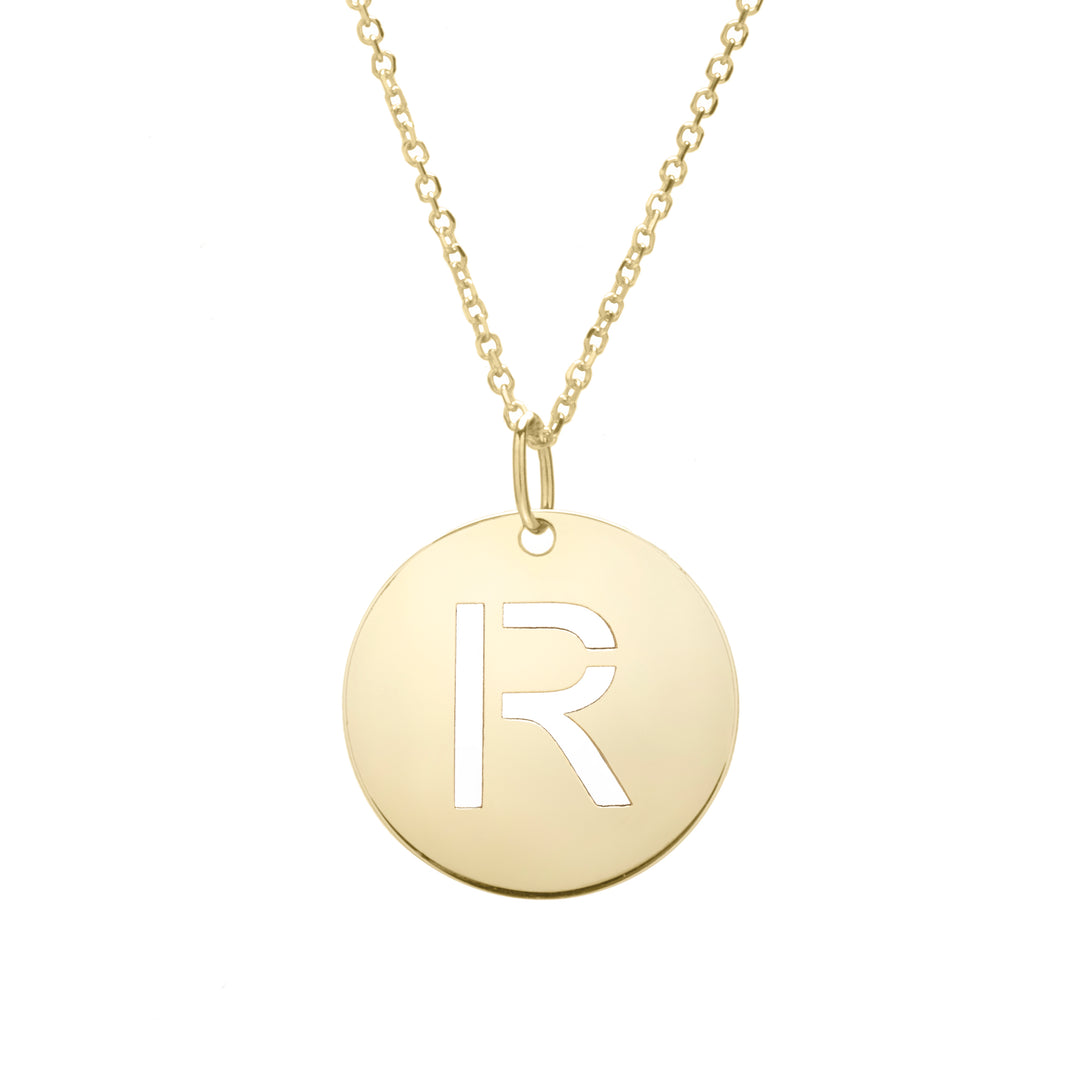 Collar R con inicial de disco de oro de 14 quilates