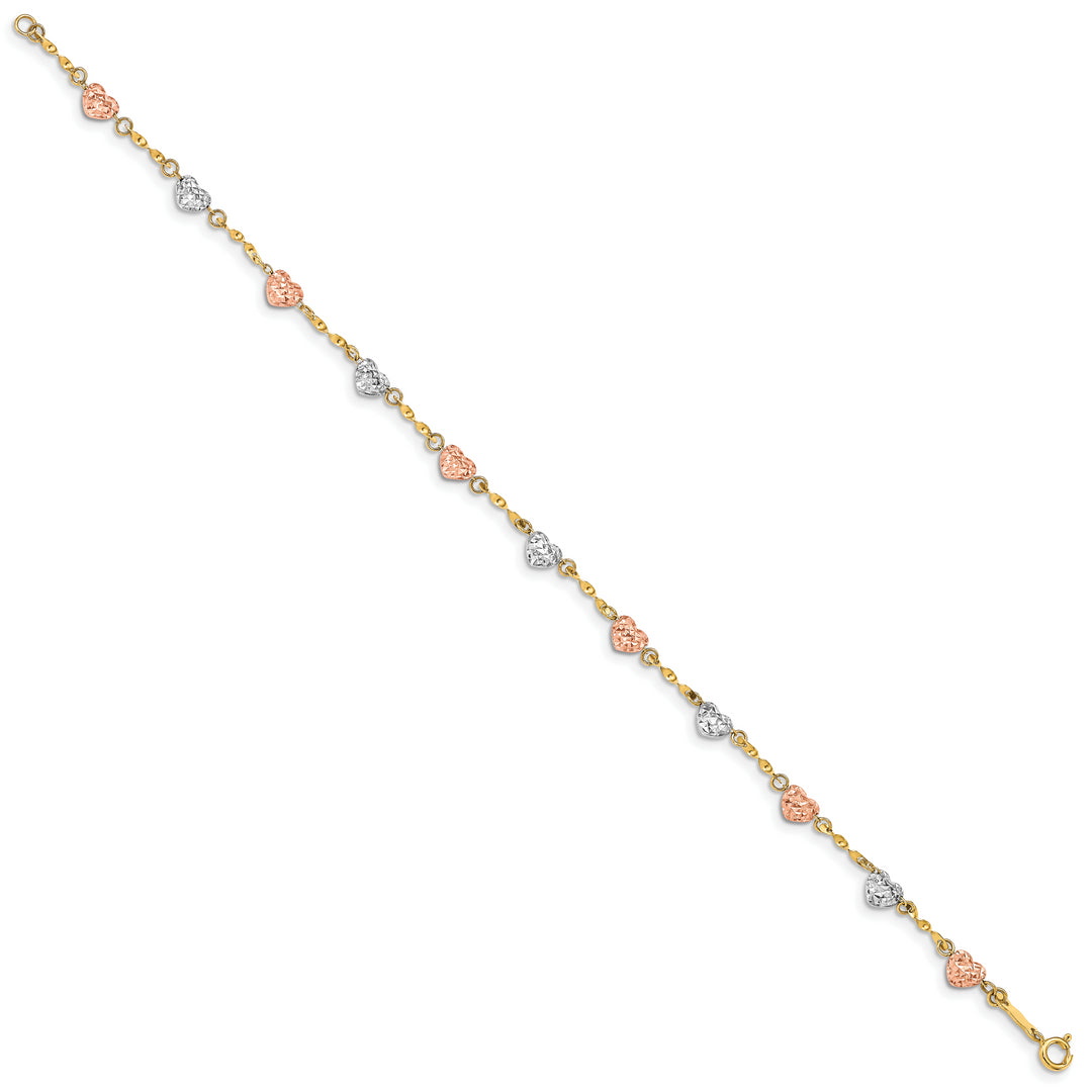 Brazalete de Corazón Inflado con Corte Diamante en Oro Tricolor de 14k