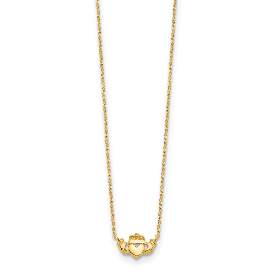 Collar de Oro Amarillo de 14K Pulido con Diseño Claddagh - 17 Pulgadas