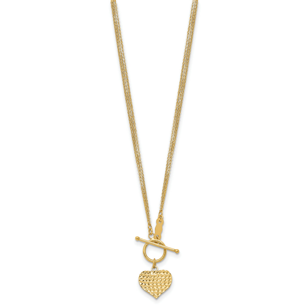 Collar de Oro Amarillo de 14K con Corazón y Cierre Toggle, de 3 Hilos con Corte Diamante