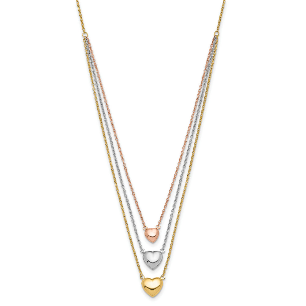 Collar de 14K Tricolor con Tres Corazones y Extensor de 1”Pulgada