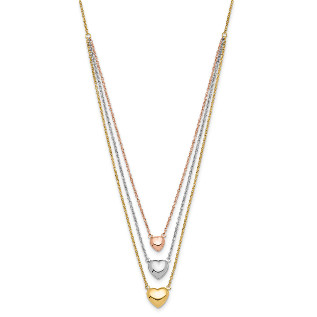 Collar de 14K Tricolor con Tres Corazones y Extensor de 1”Pulgada