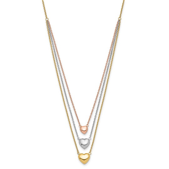 Collar de 14K Tricolor con Tres Corazones y Extensor de 1”Pulgada