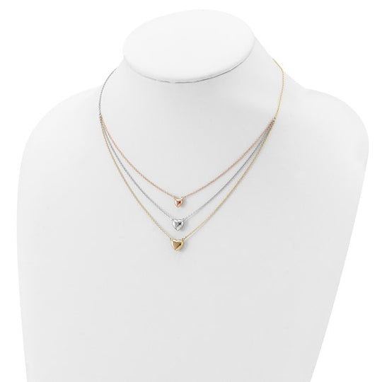 Collar de 14K Tricolor con Tres Corazones y Extensor de 1”Pulgada