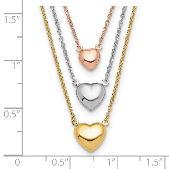 Collar de 14K Tricolor con Tres Corazones y Extensor de 1”Pulgada