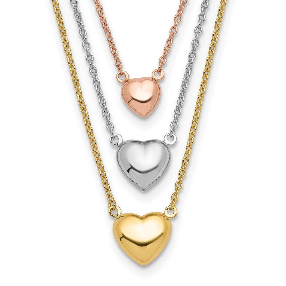 Collar de 14K Tricolor con Tres Corazones y Extensor de 1”Pulgada