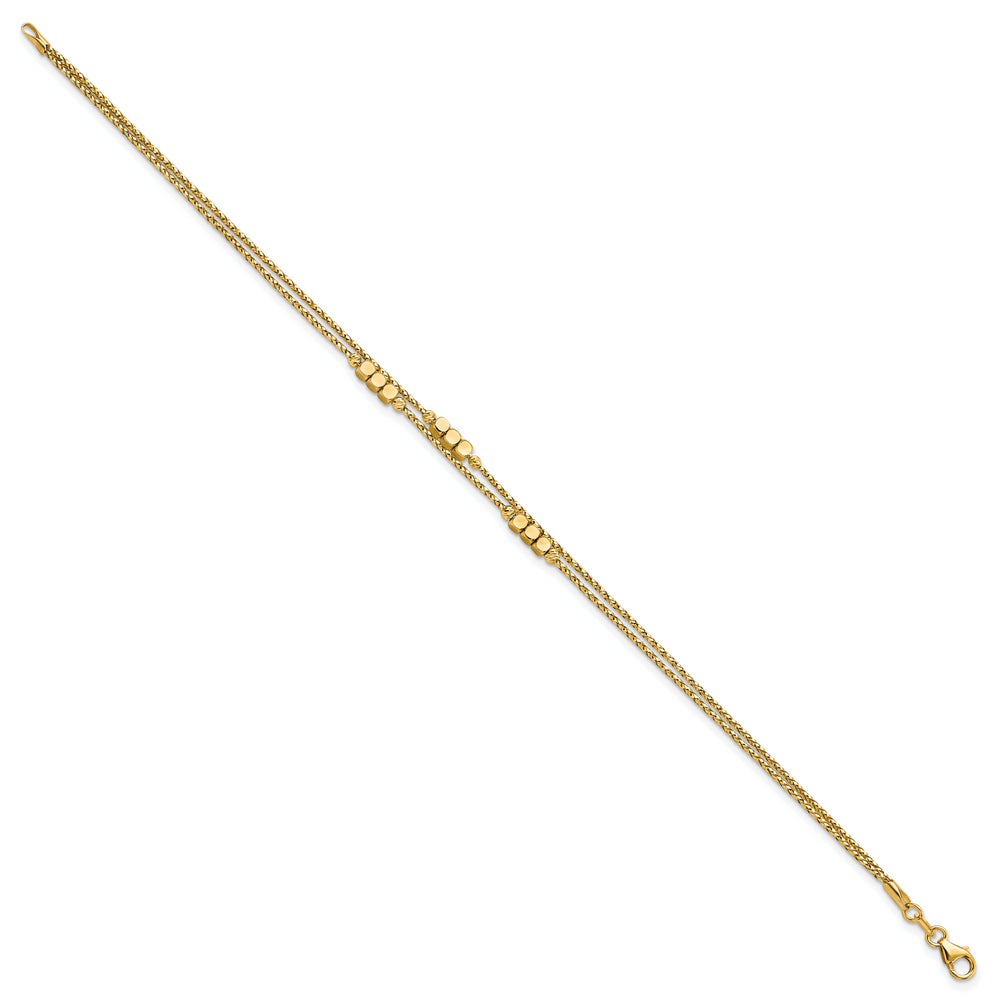 Pulsera Doble de 14K Pulida con Cuentas y Diseño de Hilos de 14K