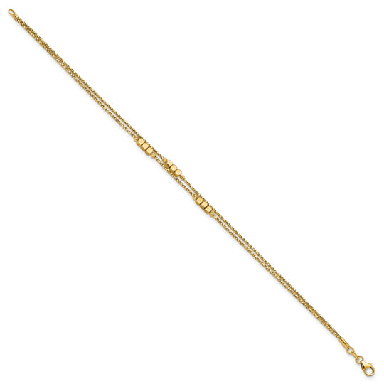 Pulsera Doble de 14K Pulida con Cuentas y Diseño de Hilos de 14K