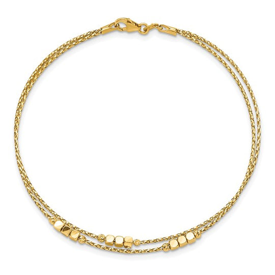 Pulsera Doble de 14K Pulida con Cuentas y Diseño de Hilos de 14K