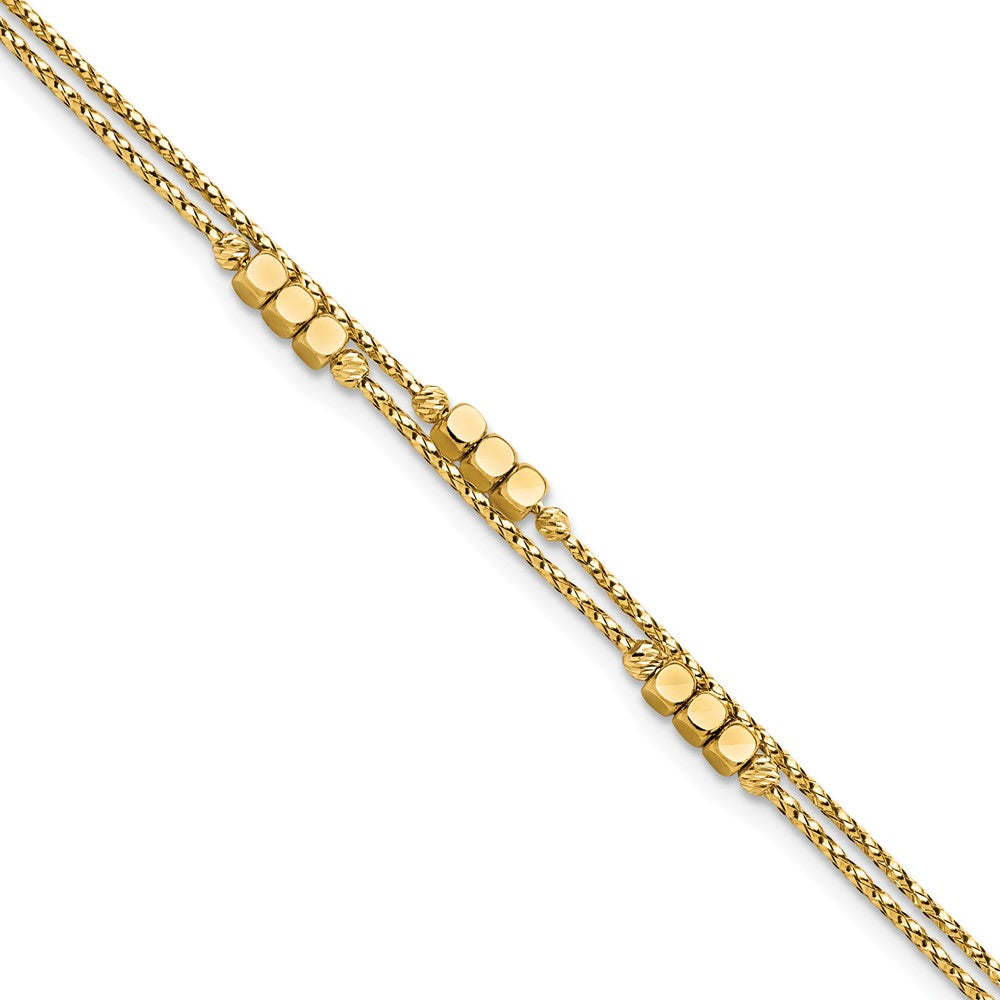 Pulsera Doble de 14K Pulida con Cuentas y Diseño de Hilos de 14K