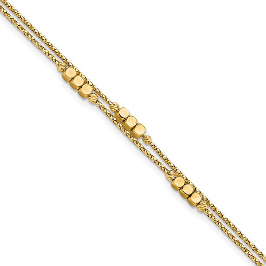 Pulsera Doble de 14K Pulida con Cuentas y Diseño de Hilos de 14K