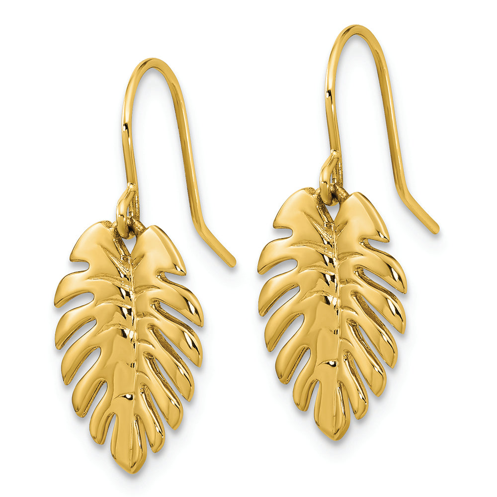 Aretes Colgantes de Hoja de Palma Pulidos de 14K