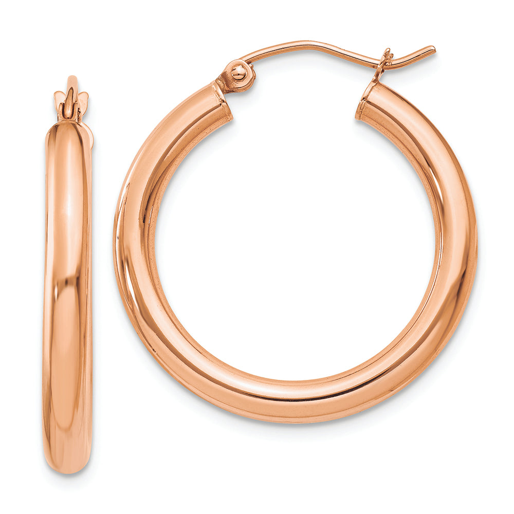 Aros Livianos de Tubo en Oro Rosa de 14k Pulidos (3mm x 25mm)