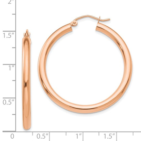 Aros Livianos de Tubo en Oro Rosa de 14k Pulidos (3mm x 35mm)