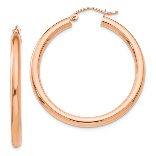 Aros Livianos de Tubo en Oro Rosa de 14k Pulidos (3mm x 35mm)