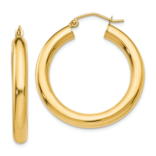 Aretes Tipo Argolla de Tubo de 4 mm Pulidos en Oro  de 14k