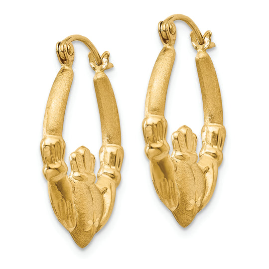 Aretes Tipo Argolla Claddagh Satinados y Pulidos en Oro de 14k