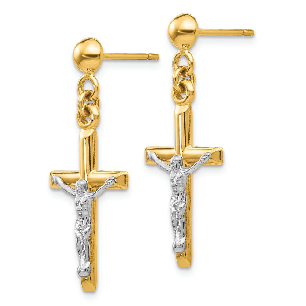 Aretes de Crucifijo Huecos en Oro Bicolor de 14k