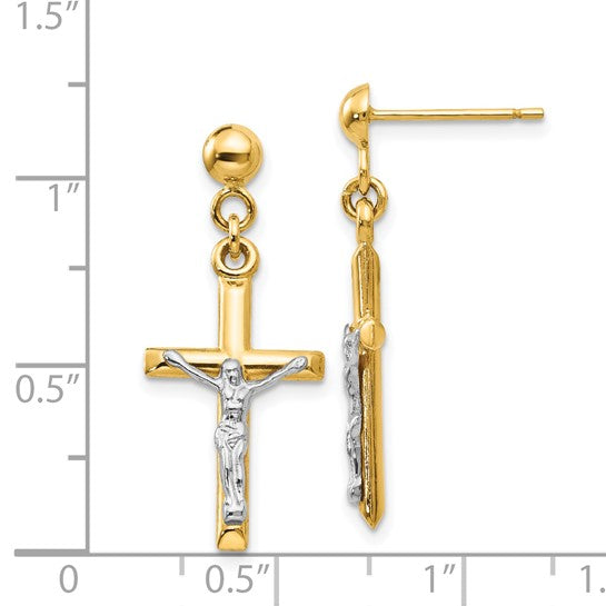 Aretes de Crucifijo Huecos en Oro Bicolor de 14k