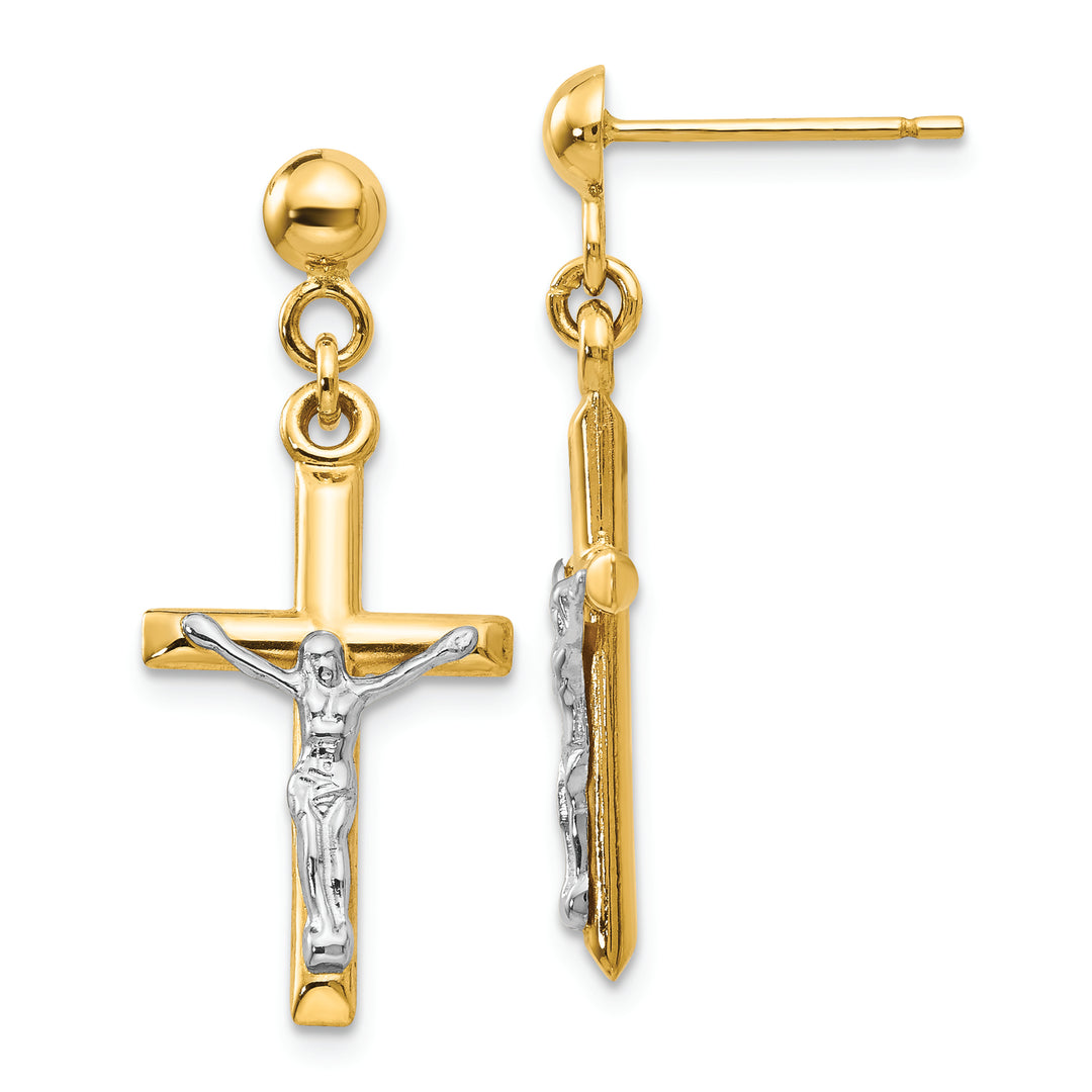 Aretes de Crucifijo Huecos en Oro Bicolor de 14k