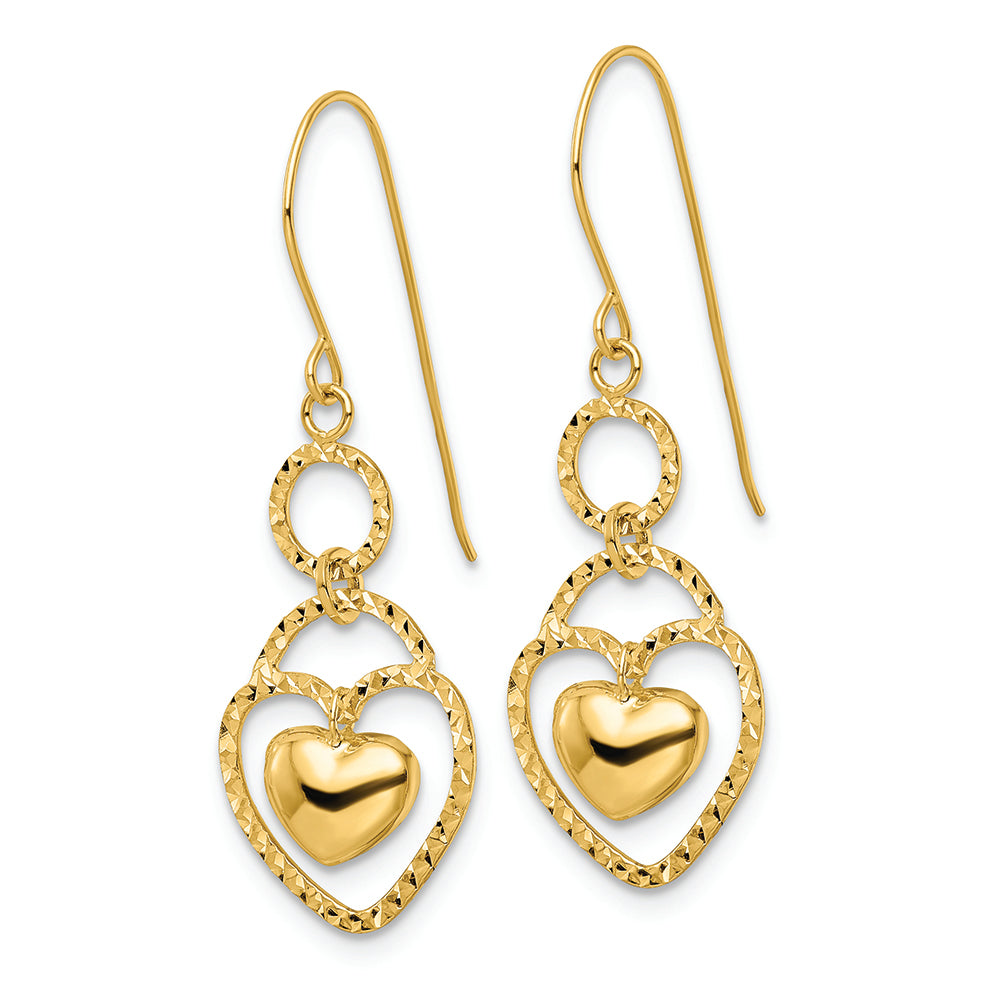 Aretes Colgantes con Corazón Abierto y Corte Diamante de 14K