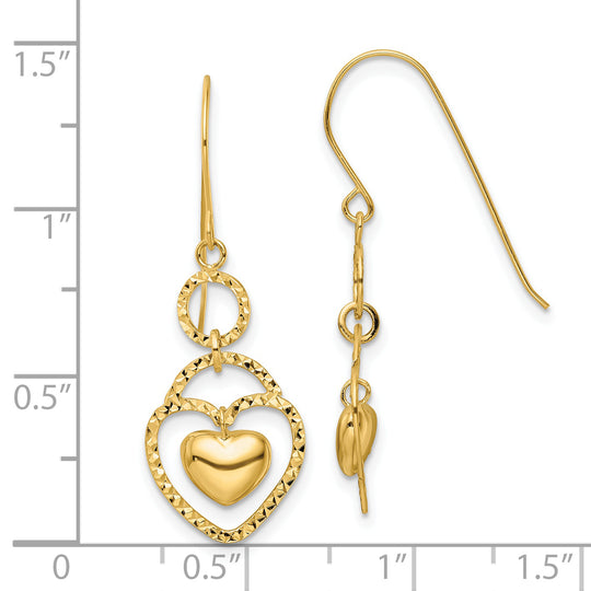 Aretes Colgantes con Corazón Abierto y Corte Diamante de 14K