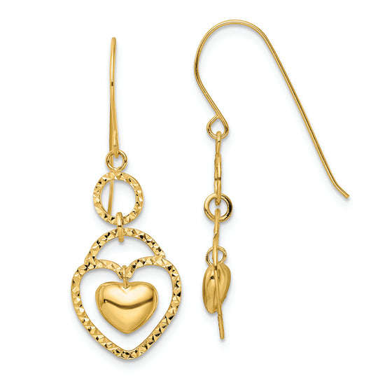 Aretes Colgantes con Corazón Abierto y Corte Diamante de 14K