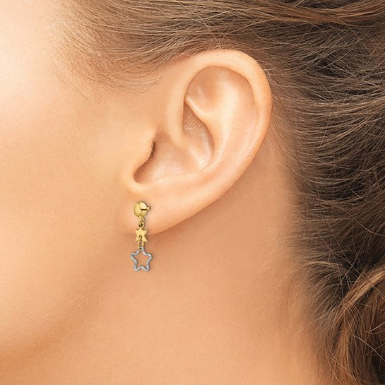 Aretes Colgantes Estrella Pulidos Bicolor de 14K