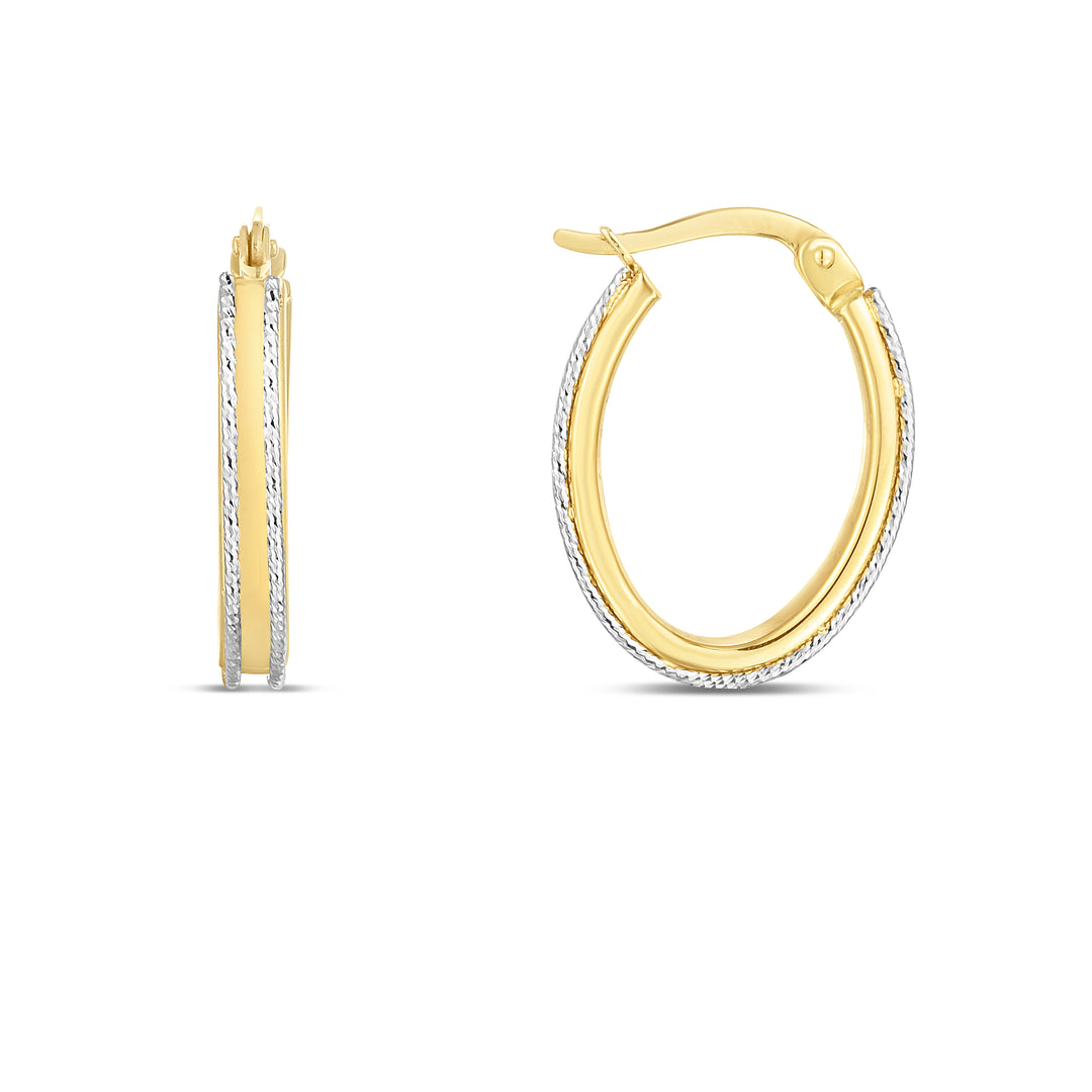 Aretes de Argolla Ovalados de Talla Diamante y Pulido en Oro Bicolor de 14k con cierre de Bisagra