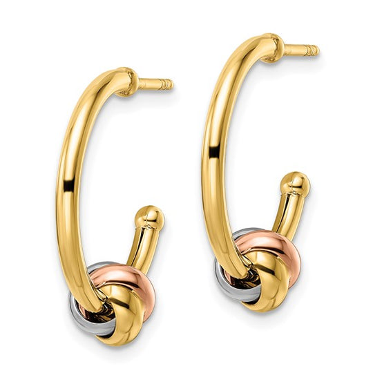 Aretes de Aro J-Hoop con Nudo en Oro Blanco y Rosa de 14K con Rodio Amarillo