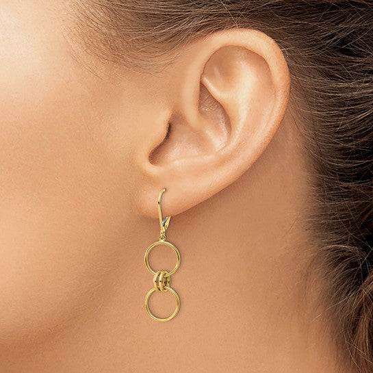 Aretes Colgantes de Círculo con Cierre Leverback en Oro Amarillo de 14K