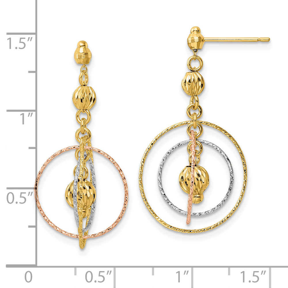 Aretes de Cuentas con Talla Diamante y Círculos Abiertos en Oro Tricolor de 14k