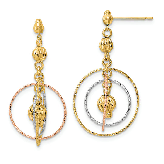 Aretes de Cuentas con Talla Diamante y Círculos Abiertos en Oro Tricolor de 14k