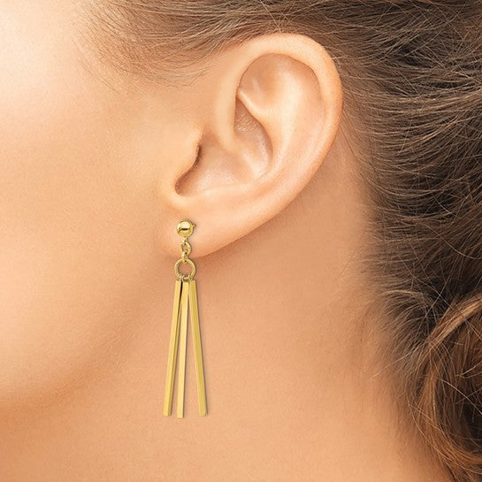 Aretes Colgantes de 3 Barras Pulidas de 14K